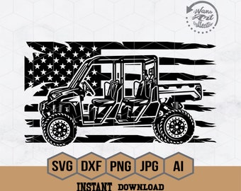 May include: Black and white silhouette of a side view of a four-door off-road vehicle with a distressed American flag background.