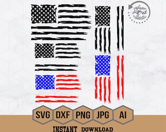 Puede incluir: Una descarga digital de cinco diseños de banderas americanas desgastadas en negro, rojo, blanco y azul. Los diseños son perfectos para proyectos de manualidades, scrapbooking y más. Se incluyen los formatos de archivo SVG, DXF, PNG, JPG y AI.