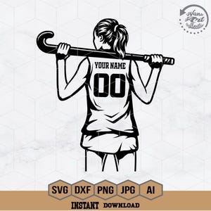 Puede incluir: Ilustración en blanco y negro de una jugadora de hockey sobre hierba sosteniendo un palo con el texto "YOUR NAME" y "00" en su camiseta.
