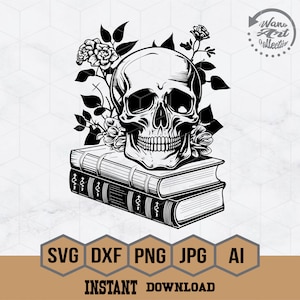 May include: Black and white illustration of a skull with flowers on top of two stacked books.