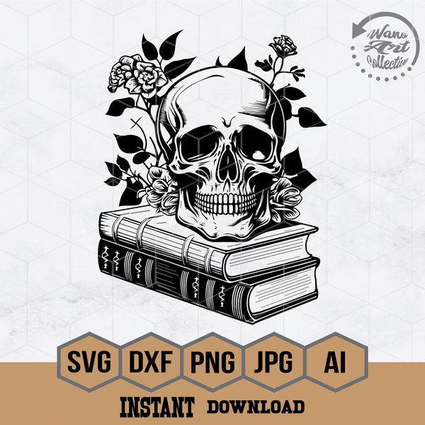 Book With Skull Floral Svg | Floral Skull Clipart | Skull Cut File | Floral Skull Stencil | Book Skull T-shirt Design | Skull Dxf | Book Png