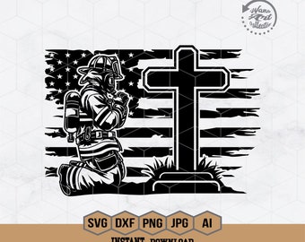 May include: Black and white illustration of a firefighter kneeling in prayer in front of a cross, with an American flag in the background.