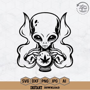 May include: Black and white illustration of an alien holding a crystal ball with a marijuana leaf inside. The alien has large eyes and a serious expression. The image is in a vintage style.