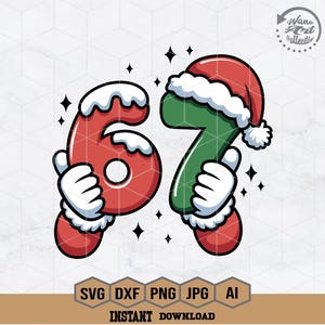 Puede incluir: Un gráfico festivo con los números 6 y 7, cada uno sostenido por manos enguantadas. El número 6 es rojo con ribete blanco, mientras que el 7 es verde y está coronado con un gorro de Papá Noel. Acentos de estrellas negras rodean los números. La imagen incluye iconos de tipo de archivo y las palabras "INSTANT DOWNLOAD".