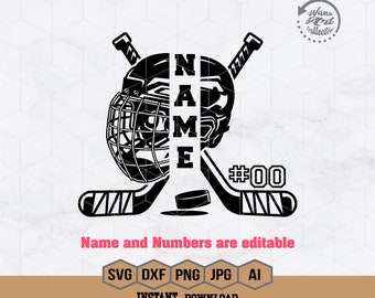 May include: Black and white silhouette of a hockey player wearing a helmet with the word "NAME" and a number "#00" inside the design. The text "Name and Numbers are editable" is below the image. The text "SVG DXF PNG JPG AI INSTANT DOWNLOAD" is below the text.