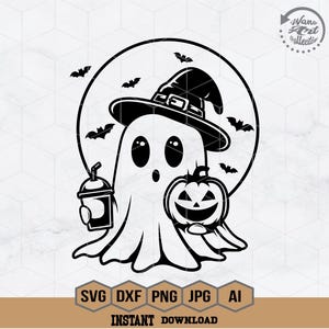 May include: Black and white illustration of a ghost wearing a witch hat and holding a pumpkin and a cup. The ghost is in front of a full moon with bats flying around it.