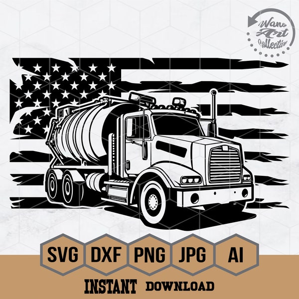 Camión séptico de EE. UU. Svg / Imágenes prediseñadas de eliminación de residuos / Archivo de corte de camión bomba / Plantilla de vehículo de saneamiento / Diseño de camiseta de eliminación de residuos / Dxf / Png