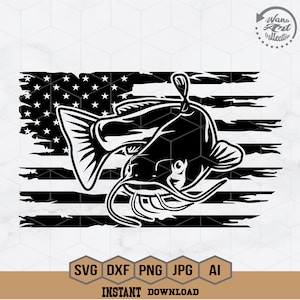May include: Black and white silhouette of a catfish swimming in front of a distressed American flag.