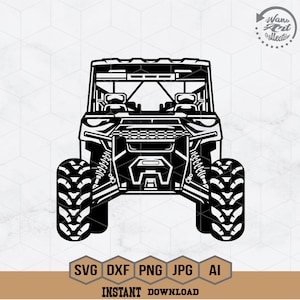 May include: Black and white silhouette of a side-by-side off-road vehicle with a roll cage and large tires. The vehicle is facing forward.