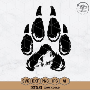May include: Black and white silhouette of a wolf paw print with a howling wolf inside. The paw print is a graphic design element for crafting projects.