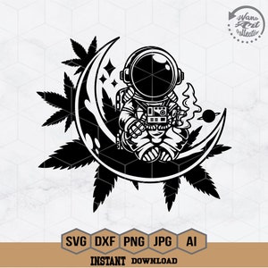 May include: Black and white illustration of an astronaut sitting on a crescent moon with a marijuana leaf behind them. The astronaut is wearing a space suit and holding a joint. The moon has a crater and a small planet orbiting it.