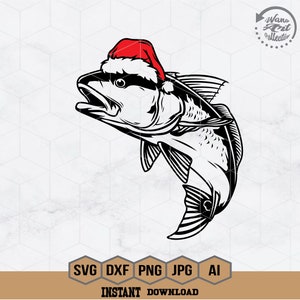 May include: A black and white illustration of a fish wearing a red Santa hat. The fish is facing to the right and has a fin on its back. The fish is in a jumping position. The image is on a white background.