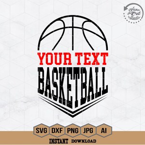 Pode incluir: Gráfico de basquete preto e branco com o texto "YOUR TEXT BASKETBALL" em vermelho e preto. O gráfico é adequado para uso em camisetas, canecas e outros produtos.
