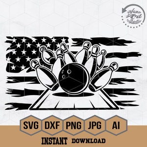 May include: Black and white illustration of bowling pins and a bowling ball in front of a distressed American flag.
