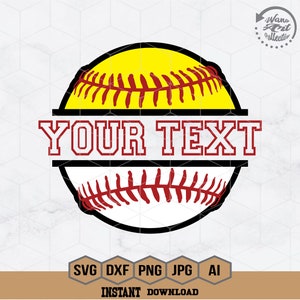 May include: A yellow and white softball with red stitching. The softball is inside a black circle with the text "YOUR TEXT" in red letters.
