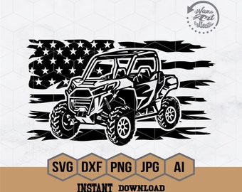 Pode incluir: Ilustração em preto e branco de um veículo off-road dirigindo sobre uma bandeira americana danificada. O veículo tem uma gaiola de proteção e quatro rodas. A bandeira está rasgada e desgastada, com estrelas e listras visíveis.