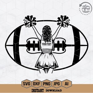 May include: Black and white silhouette of a cheerleader holding pom-poms in front of a football. The cheerleader is wearing a skirt and a top that says "YOUR TEXT".