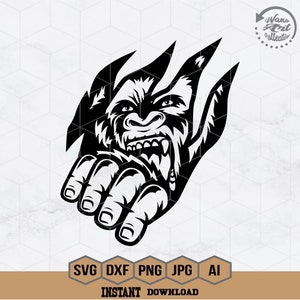May include: Black and white illustration of a gorilla's face and hand bursting through a ripped background. The gorilla is snarling with its mouth open and teeth showing.
