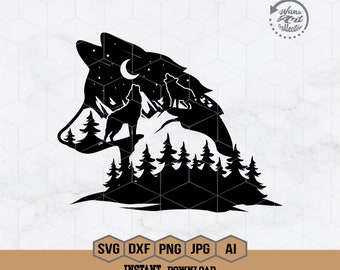 Può includere: Silhouette in bianco e nero di una testa di lupo con una scena di foresta al suo interno. La testa del lupo è rivolta a sinistra e la scena della foresta comprende alberi e una luna crescente.