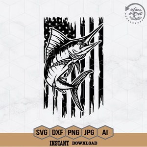 May include: Black and white silhouette of a marlin fish jumping out of the water in front of a distressed American flag.