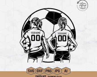 May include: Two black and white illustrations of female soccer players standing in front of a soccer ball. The players are wearing jerseys with the text "YOUR NAME" and the number "00".