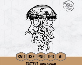 Jelly Fish Ocean Scene Svg, Marine Life Svg, Underwater Animal Clipart, Tropical Scene Svg, Beach Life Png, Dolphin Scene Svg, JellyFish Svg