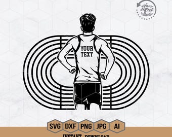 May include: Black and white illustration of a person running on a track. The person is wearing a tank top with the text "YOUR TEXT" on it.