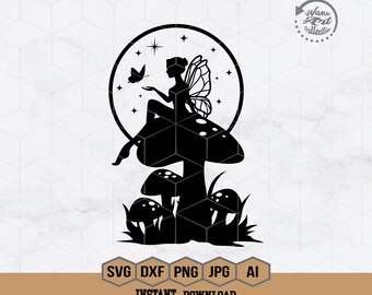 Fairy Sitting on Mushroom  Svg | Mystical Fairy Svg | Fairy  with Butterfly Svg |  Magical Fairy Sitting Clipart | Celestial Creature Png