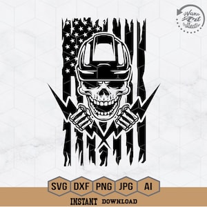 May include: Black and white illustration of a skull wearing a hard hat and holding lightning bolts, with an American flag background.