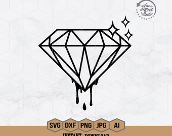 May include: A black and white line art illustration of a dripping diamond with three small stars above it.