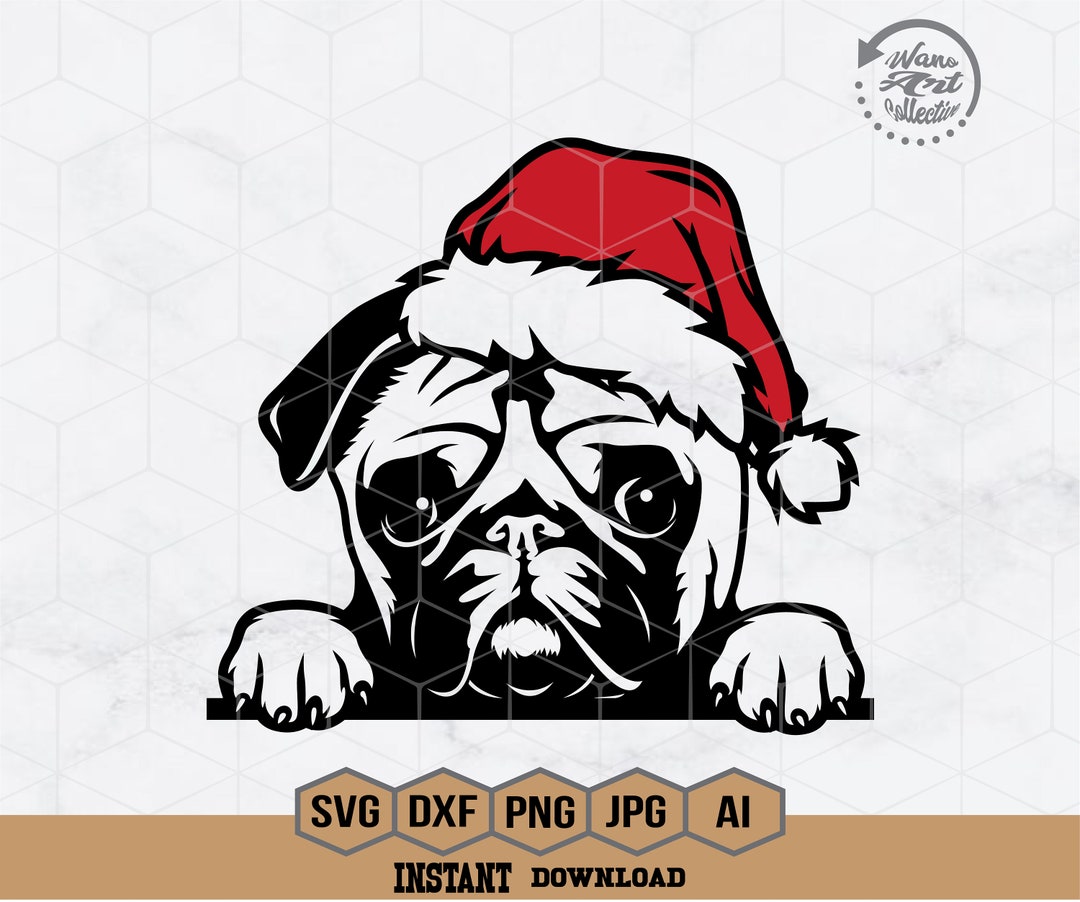 Pug Dog Peeking With Santa Hat Svg | Pug Dog Svg | Pug Face Svg ...