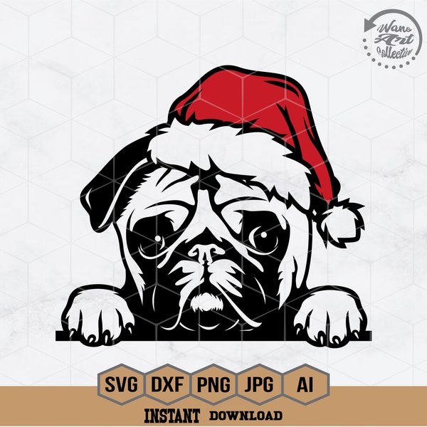 Pug Dog Peeking with Santa Hat Svg | Pug Dog Svg | Pug Face Svg | Peeking  Pug Clipart | Christmas Dog Clipart | Santa Hat Cutfile