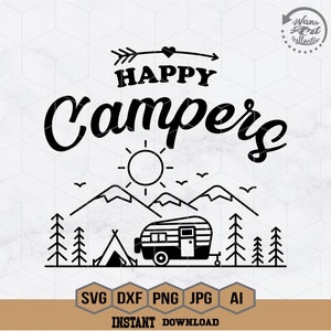以下が含まれることがあります： キャンピングカー、山、テント、太陽、鳥の白黒イラスト。イラストの上に「Happy Campers」というテキストが筆記体で書かれています。