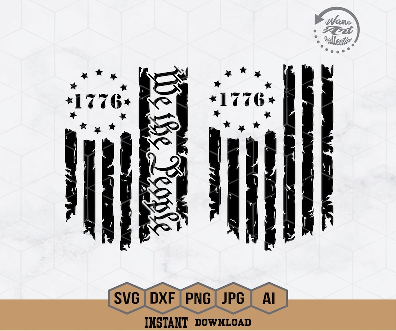May include: A distressed black and white American flag design with the text "We the People" and "1776" in a circle of stars.