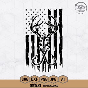 May include: Black and white graphic design featuring a distressed American flag with deer antlers, a hunting arrow, and crossed fishing hooks. The design includes the text "INSTANT DOWNLOAD" and file type icons.