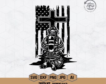 May include: Black and white illustration of a firefighter kneeling in front of a cross with an American flag behind it.
