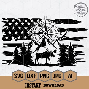 US Moose Svg |  Moose Scene Svg | Compass  SVG | US Moose Hunting Svg | Camping Cutfile | Mountain Scene Svg | Outdoor Scene Clipart