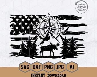 US Moose Svg |  Moose Scene Svg | Compass  SVG | US Moose Hunting Svg | Camping Cutfile | Mountain Scene Svg | Outdoor Scene Clipart