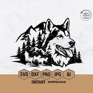 May include: Black and white silhouette of a husky dog's head with a mountain and forest scene behind it. The dog is looking to the right with its tongue sticking out. The scene includes a person and a team of dogs pulling a sled.