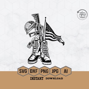 May include: Black and white silhouette of a pair of military boots, a rifle, a helmet, and an American flag. The boots are standing upright with the rifle resting on top of them. The helmet is sitting on top of the rifle. The American flag is waving in the wind.