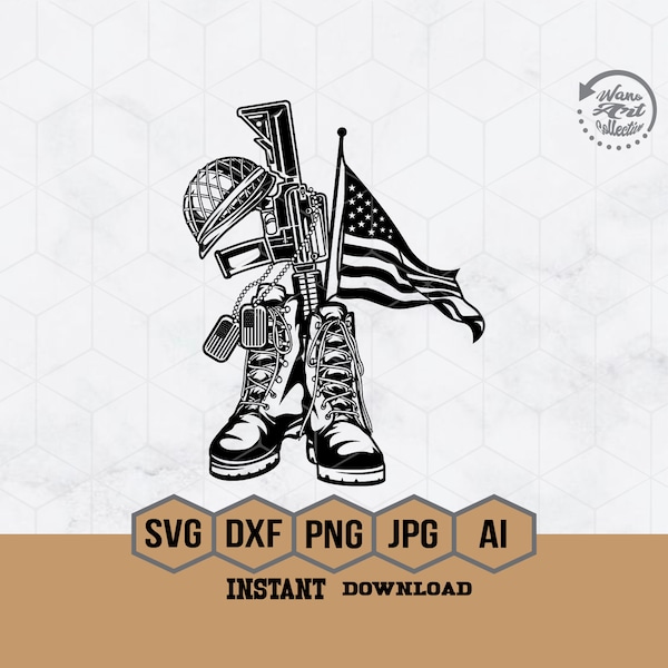 Fallen Soldier Tribute Svg | Veteran Soldier Svg | Military Boots Svg | US Army Svg | Dog Tag Svg | Gun Helmet USA Flag  Png Dxf Jpg Eps