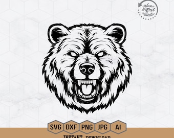 May include: Black and white illustration of a bear's head with a fierce expression. The bear has a large, open mouth with sharp teeth and a furrowed brow.
