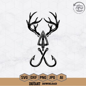May include: Black and white silhouette of a deer antler with a hunting arrow and two fishing hooks crossing underneath. The design is on a white background.