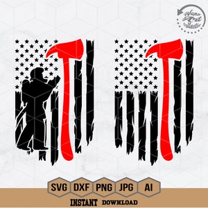 消防士 SVG | 米国の消防士 SVG | 赤い線の旗 SVG | ダメージ加工の消防士の旗 SVG | 消防士の米国旗 T シャツ | PNG Dxf EPS