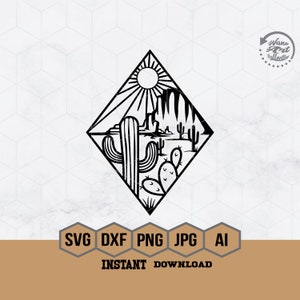 May include: Black and white line art illustration of a desert landscape with a cactus, mountains, and a sun in a diamond shape. The text "SVG DXF PNG JPG AI INSTANT DOWNLOAD" is below the image.