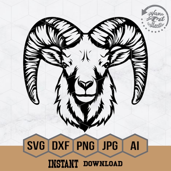 Ram Svg | Animal Lambs Svg | Mountain Sheep Cut File | Curved Horns Svg | Male Bighorn Sheep T-shirt Design | Zodiac Sign Dxf | Png