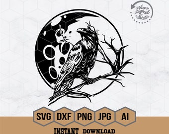 Raven on full moon Svg, Black Bird Svg, Crow Clipart, Crow Png, Gothic horror bird silhouette, Bird Svg, Halloween Shirt , Halloween Png