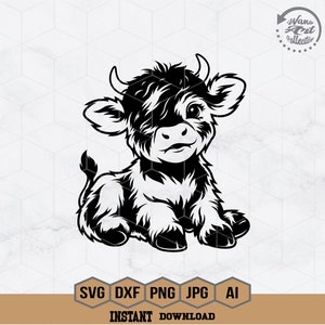 Highland Kuh Druck | Süße Highland Kuh sitzend SVG | Niedliches Tier Muster | Kuh-Svg | Highland Kuh Kuh Aufdruck | Highland Kuh Clipart | Png Dxf