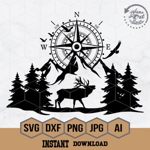 Elk SVG | Mountain Scene SVG | Hunting svg | Compass  SVG | Deer Antler Svg | Camping svg Cut File for Cricut, Silhouette | Laser Engraving