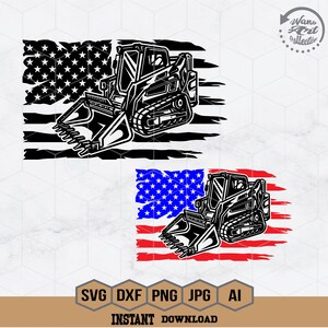 Könnte beinhalten: Schwarze und weiße Silhouette eines Radladers vor einer amerikanischen Flagge. Der Radlader ist nach links gerichtet und hat einen Schaufel-Anbau. Die amerikanische Flagge ist zerrissen und hat einen abgenutzten Look.